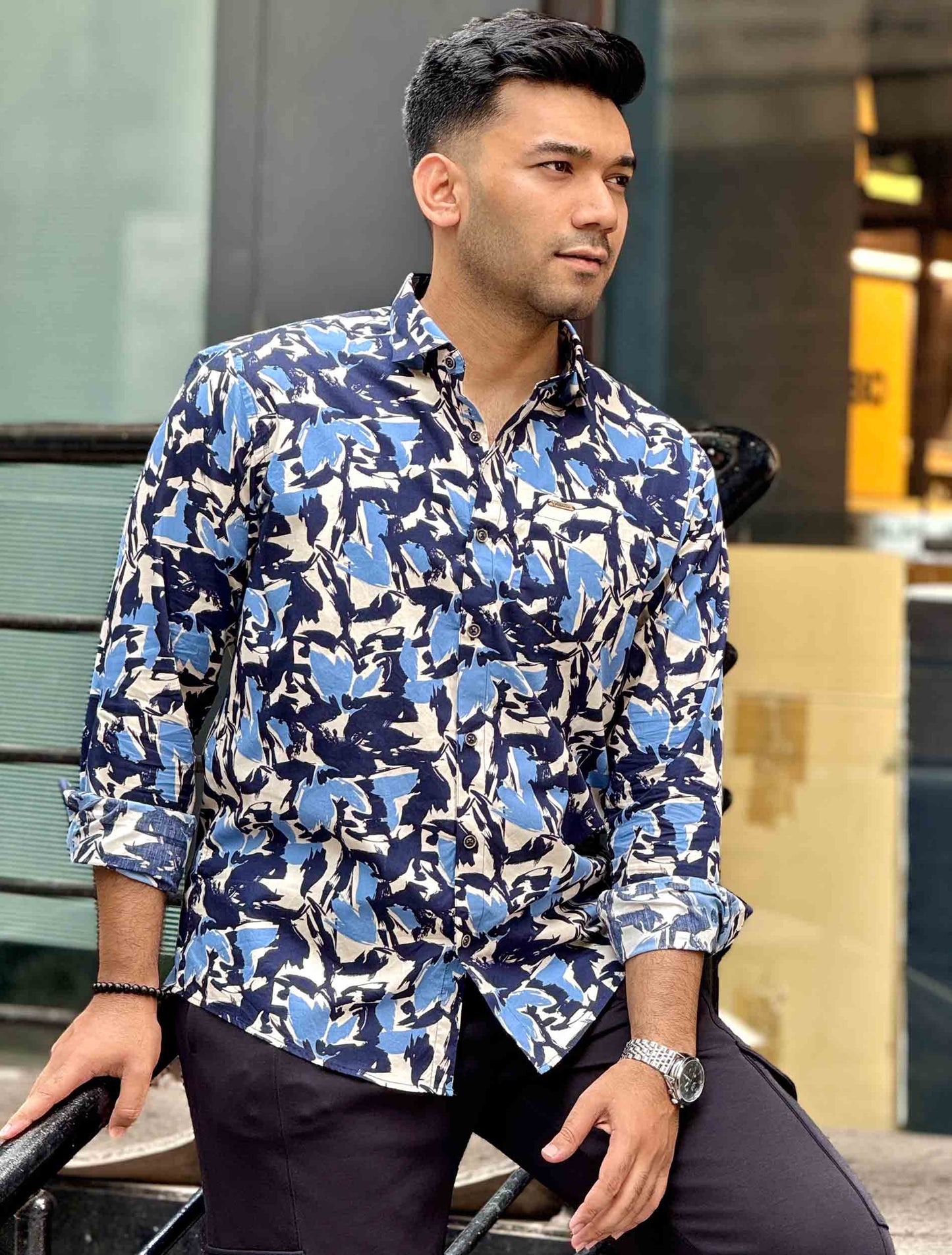 Cream Black Blue printed full sleeve shirt
