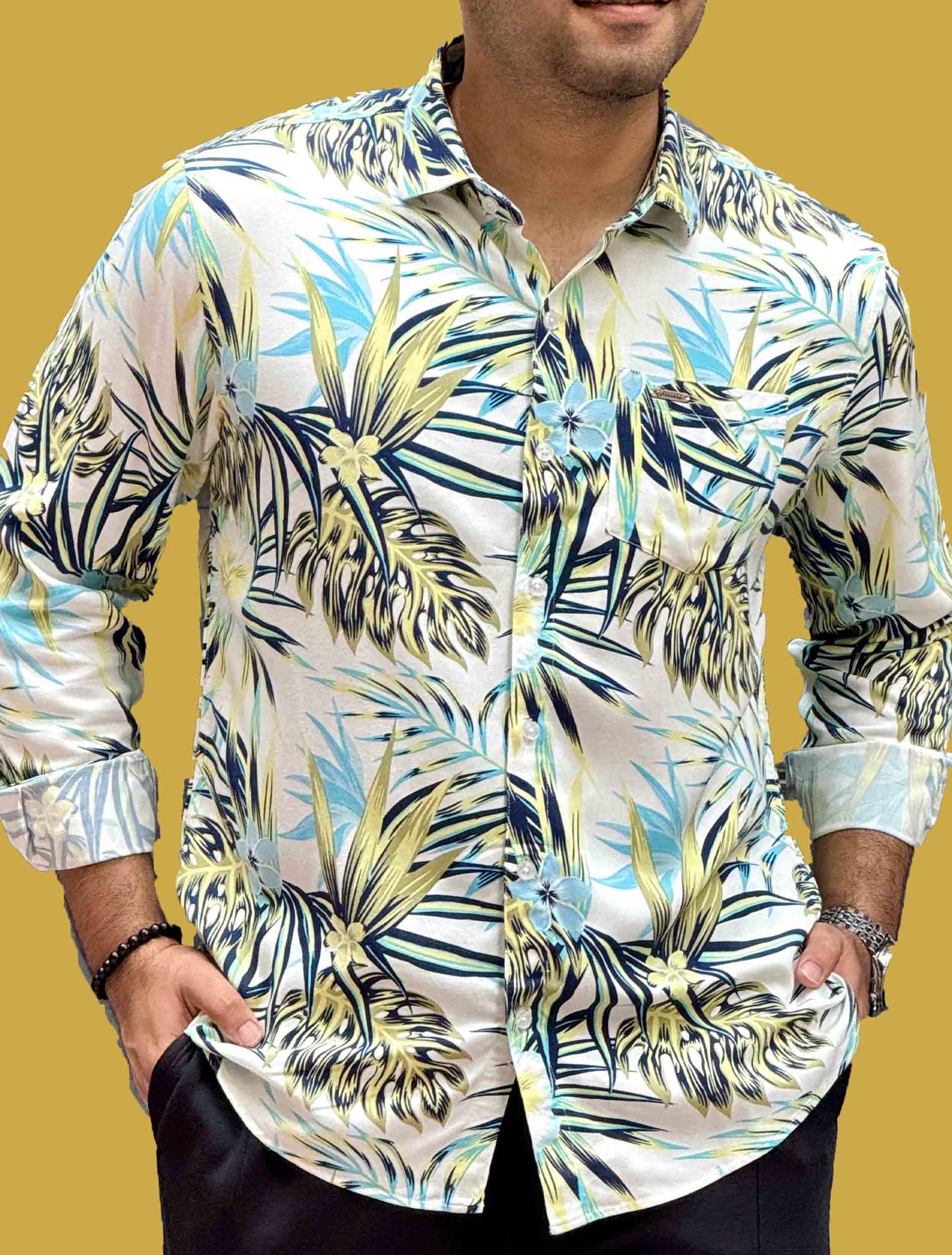 White Multicolor Leaf printed full sleeve shirt