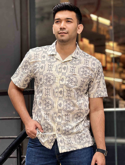 Cream Black Full Embroidery havana shirt