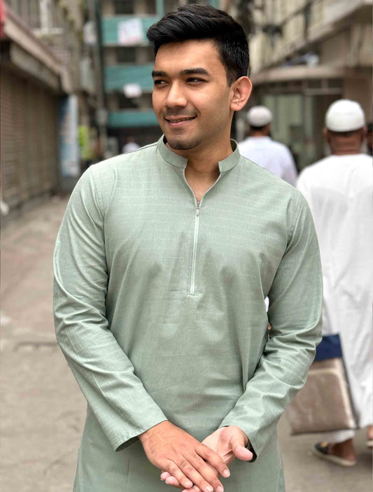Tea Green zipper design premium cotton panjabi