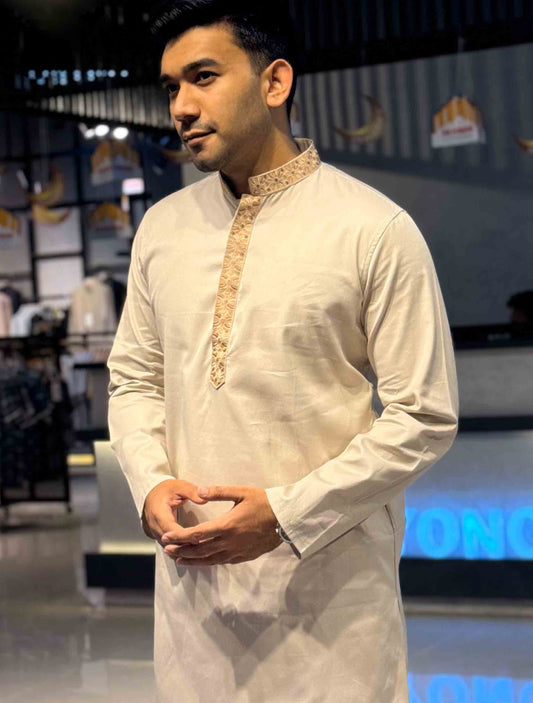 Pale Brown Plate embroidery premium Panjabi