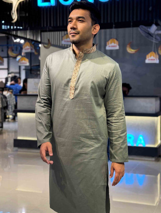 Muted Olive Plate embroidery premium Panjabi