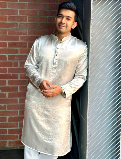 Glossy Pastel cream Printed Collar design Premium Panjabi