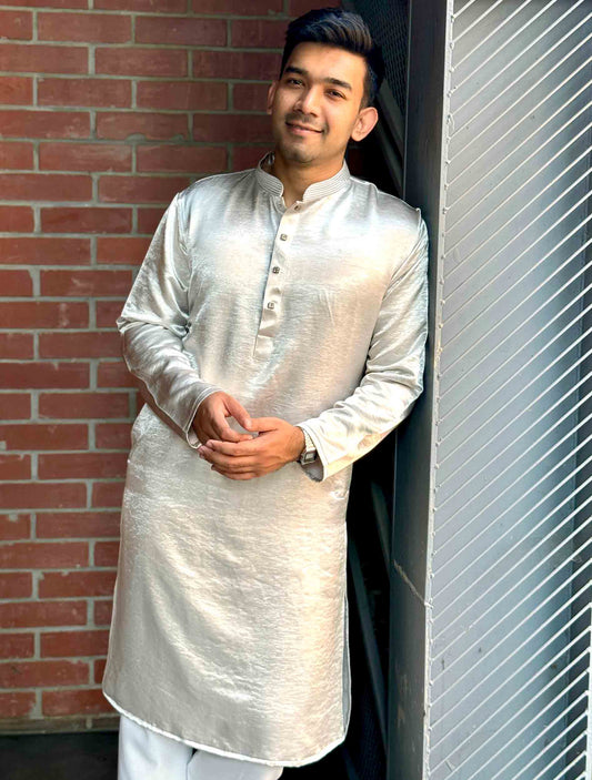 Glossy Pastel cream Printed Collar design Premium Panjabi