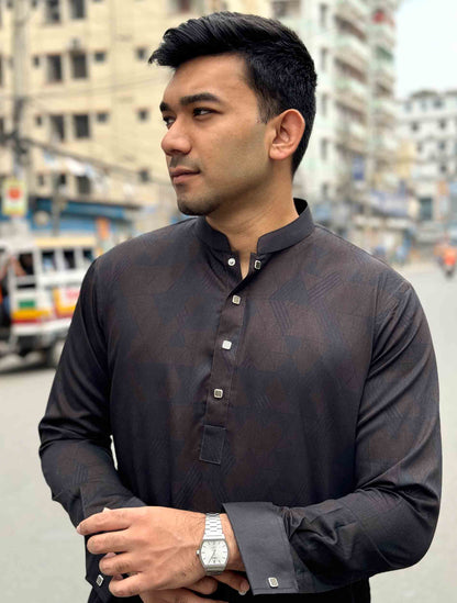 Black dark coffee printed Bamboo silk premium panjabi