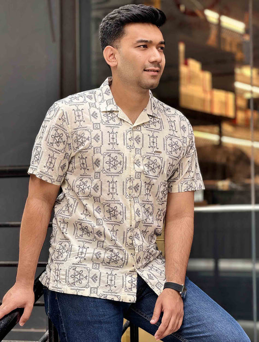 Cream Black Full Embroidery havana shirt