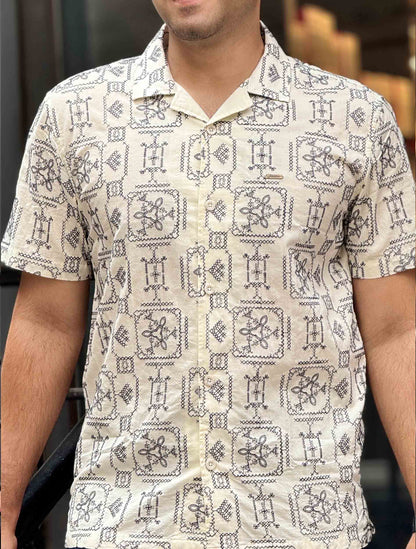 Cream Black Full Embroidery havana shirt