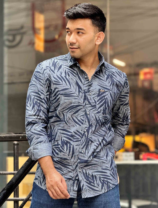 Gray Midnight blue Leaf Printed full sleeve