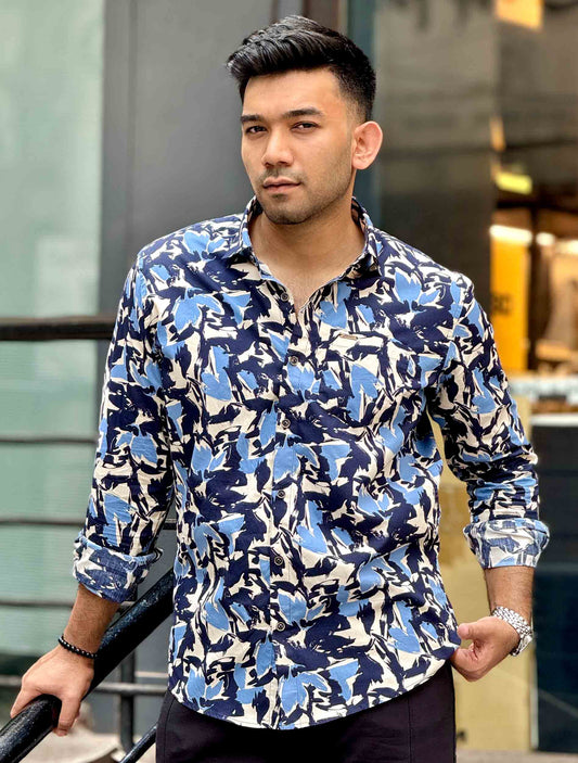 Cream Black Blue printed full sleeve shirt