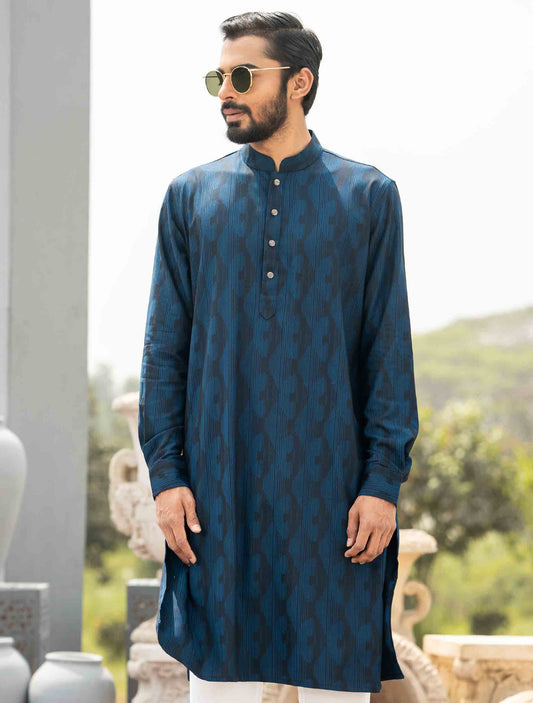 Blue stripe printed bamboo silk panjabi