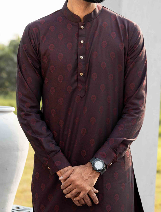 Maroon sankha printed bamboo silk panjabi- RAV