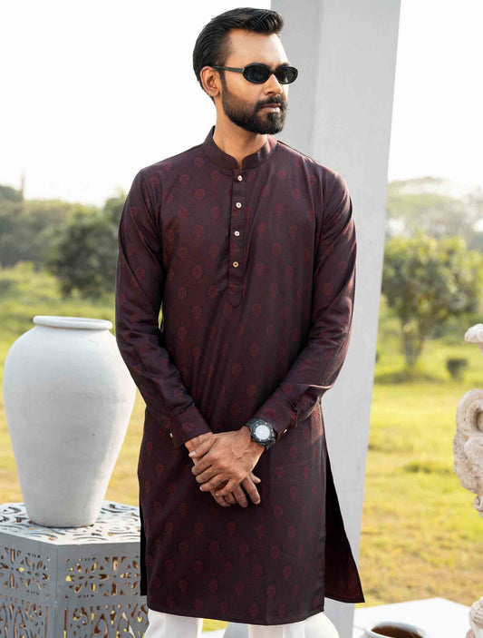 Maroon sankha printed bamboo silk panjabi- RAV