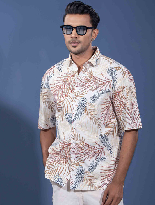 Off White Maroon Leaf printed Drop-shoulder shirt