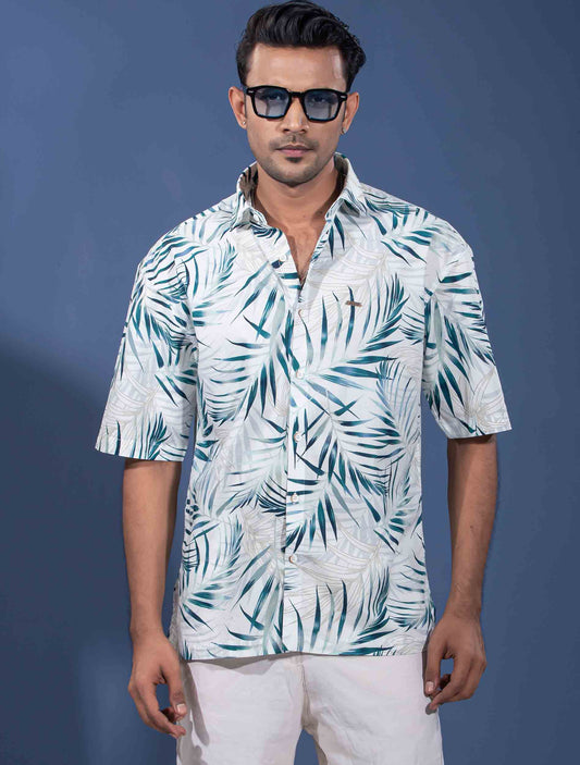 Off White Blue Leaf printed Drop-shoulder shirt