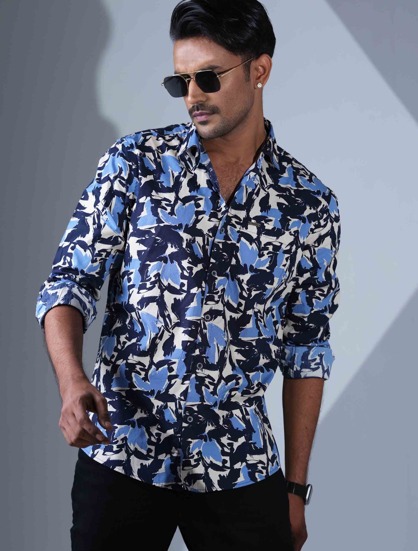 Cream Black Blue printed full sleeve shirt
