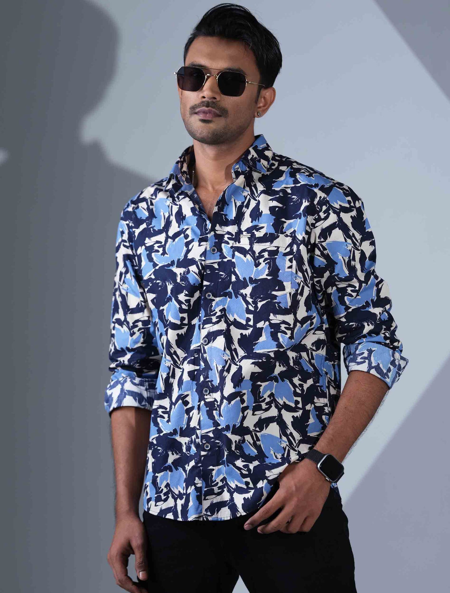 Cream Black Blue printed full sleeve shirt