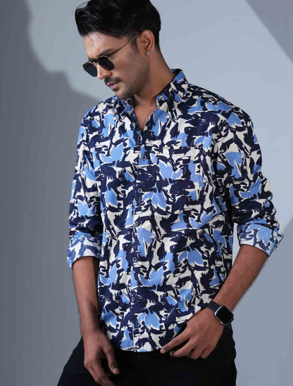 Cream Black Blue printed full sleeve shirt