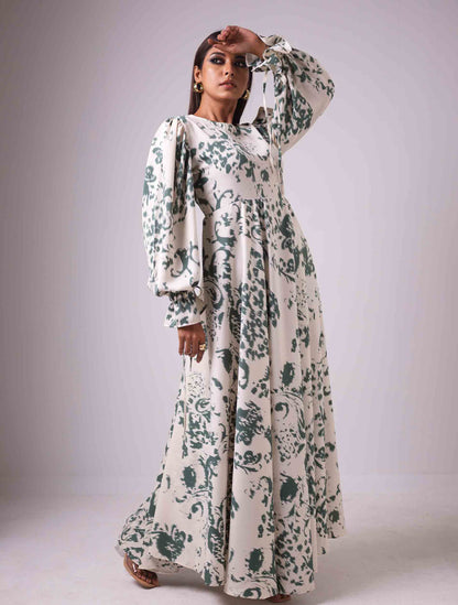 Cream green scroll printed Gown design female dress