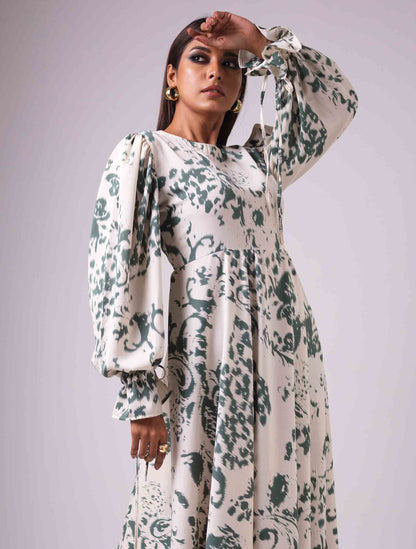 Cream green scroll printed Gown design female dress