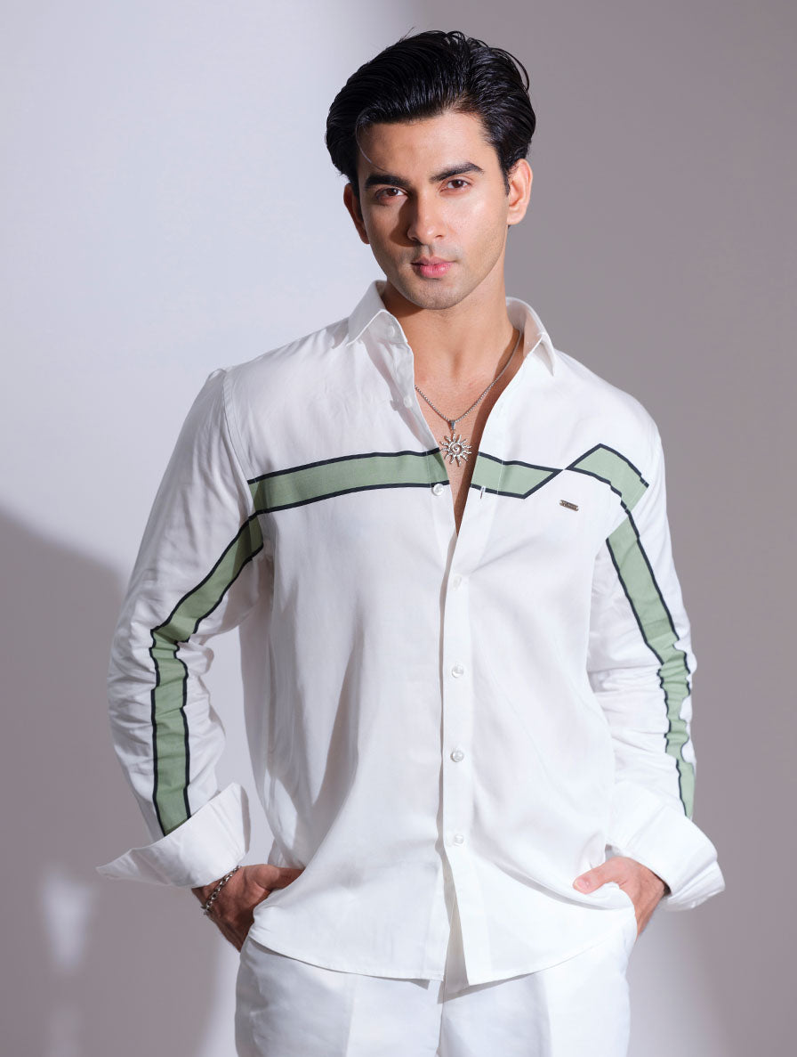 White - Green Chest Stripe Printed Full Sleeve Shirt