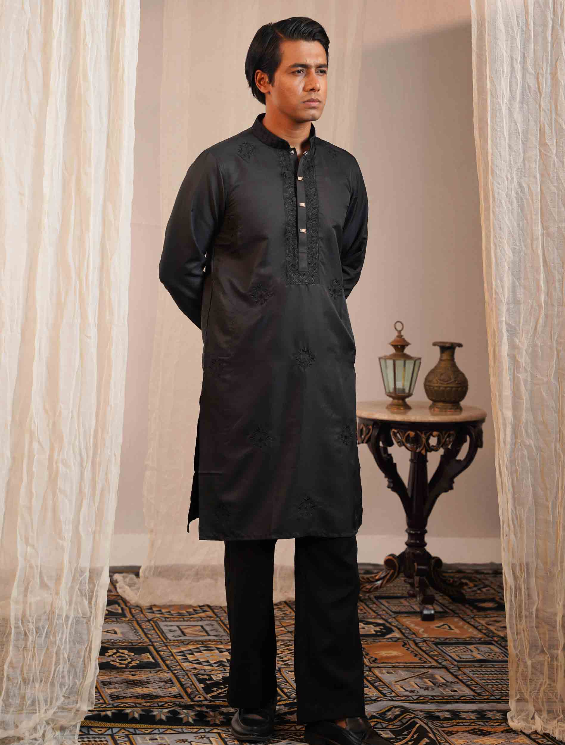 Matte black color full body chest Embroidery premium Panjabi