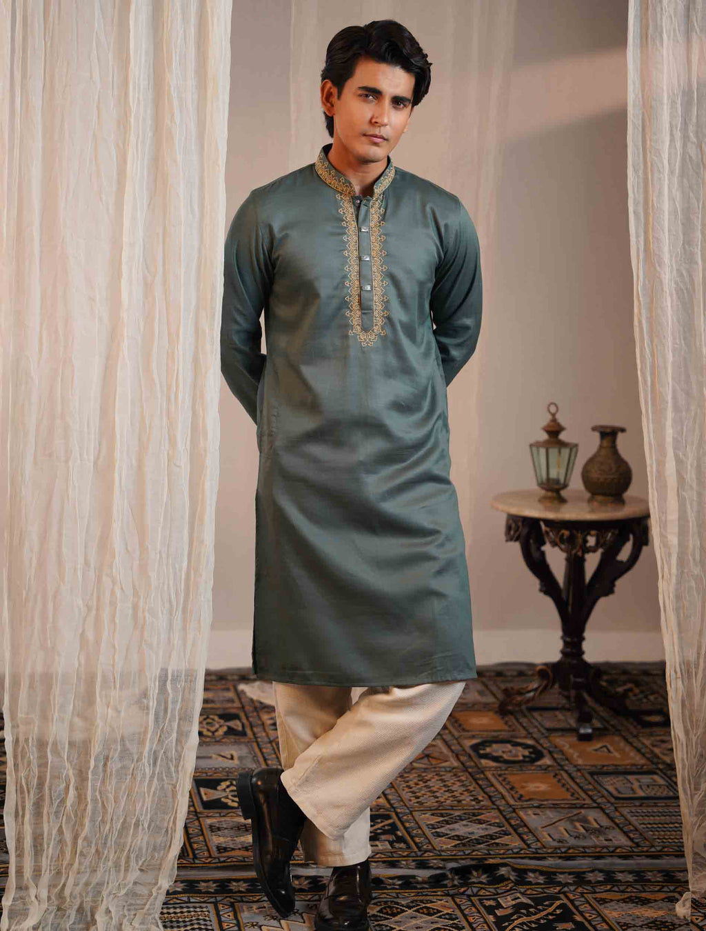 Pastel green mosque dome embroidery panjabi