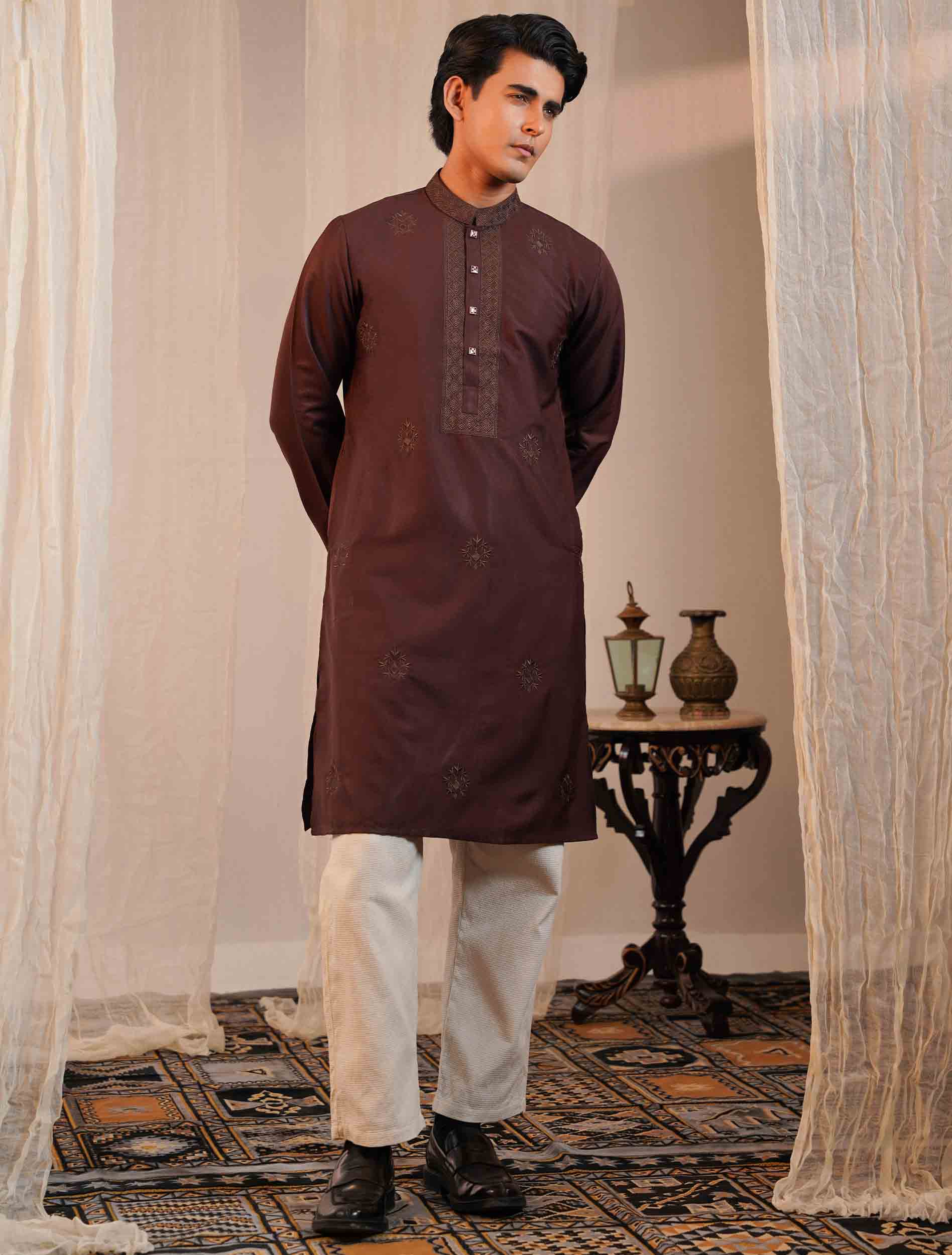 Dark chocolate black collar cuff Embroidery premium Panjabi