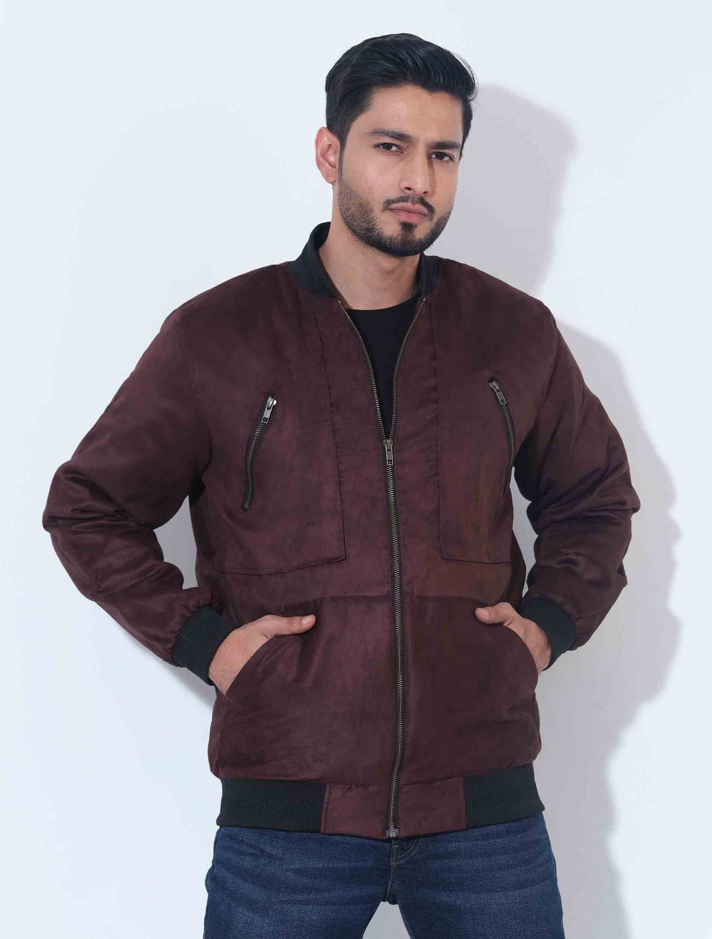 Coffee zipper contrast suede leather jacket