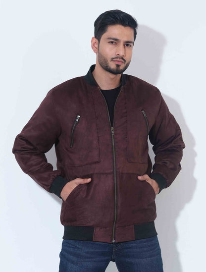 Coffee zipper contrast suede leather jacket