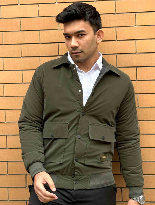 Olive textured lyonora pocket emblem premium jacket