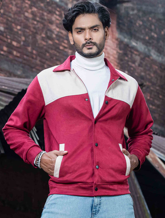 Maroon - cream contrast suede leather premium jacket