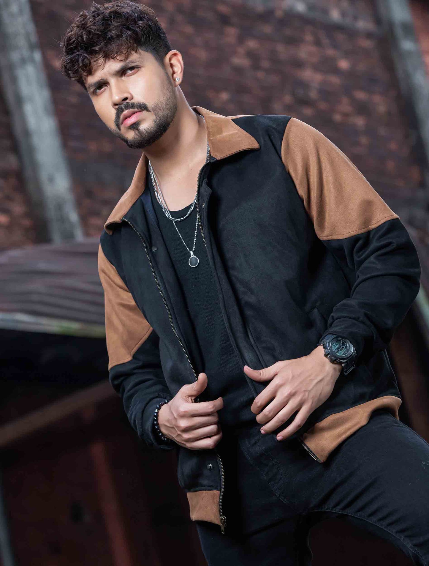 Black - brown contrast suede leather premium jacket