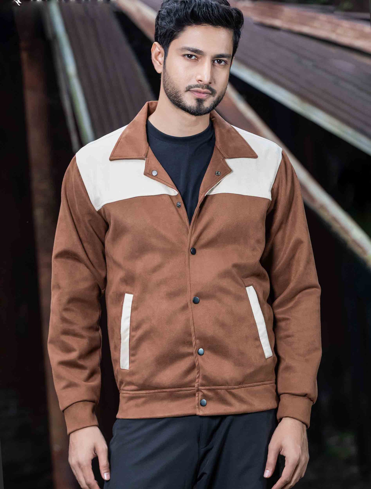 Brown - cream contrast suede leather premium jacket