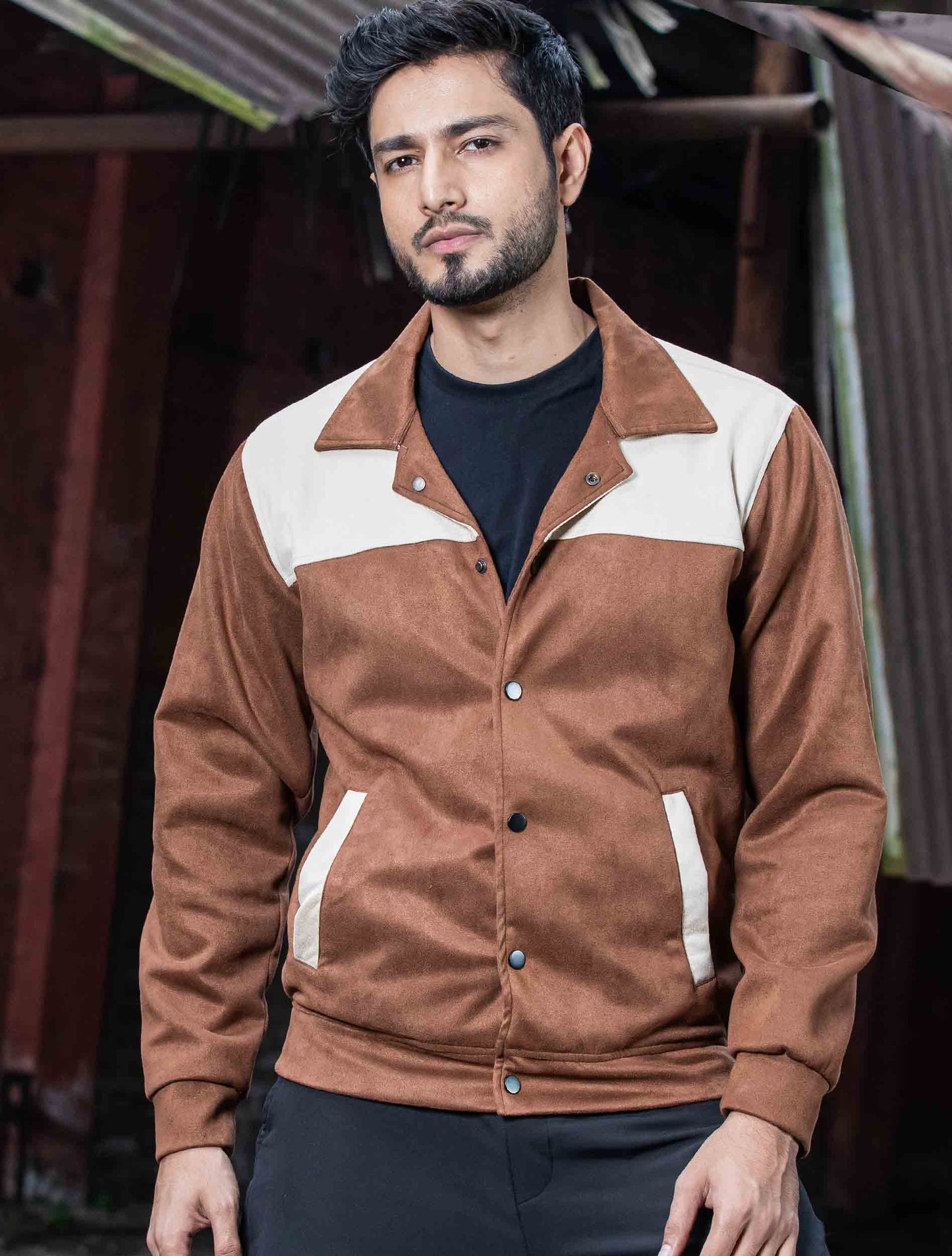 Brown - cream contrast suede leather premium jacket