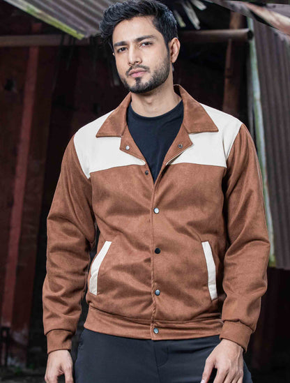 Brown - cream contrast suede leather premium jacket