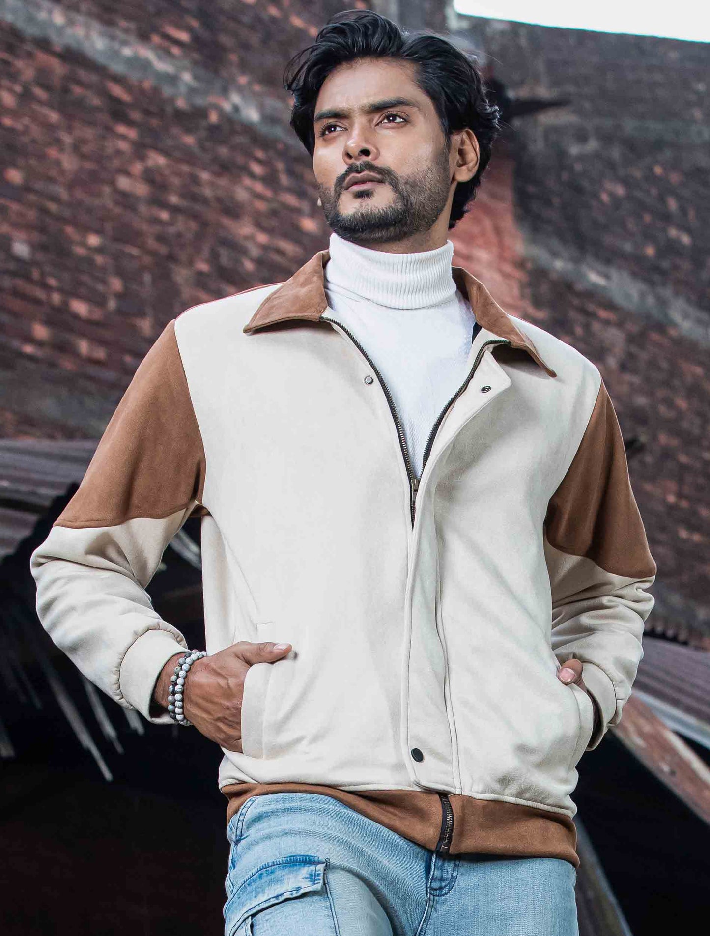 Cream - brown contrast suede leather premium jacket