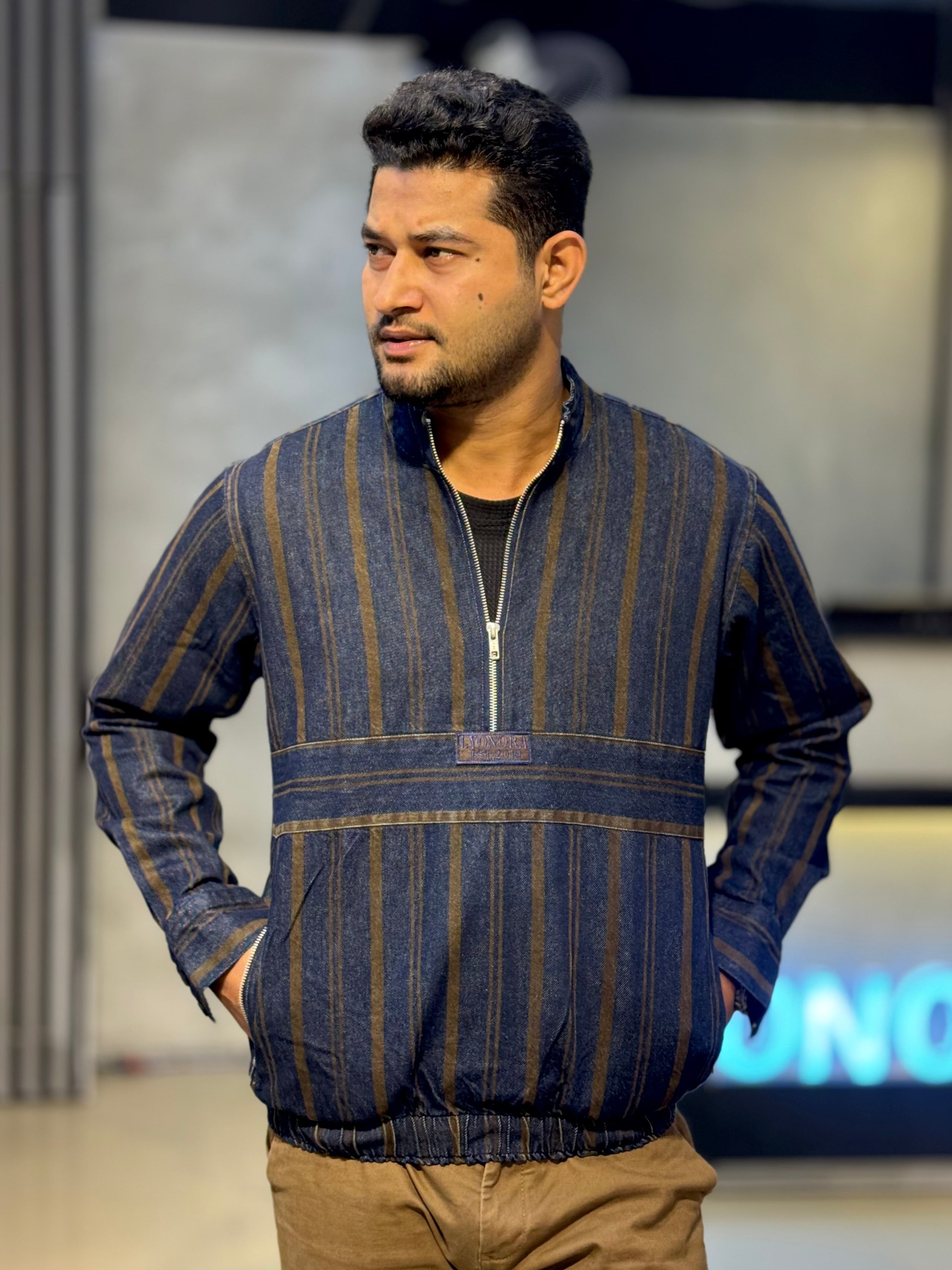 Blue Brown stripe denim half zipper jacket