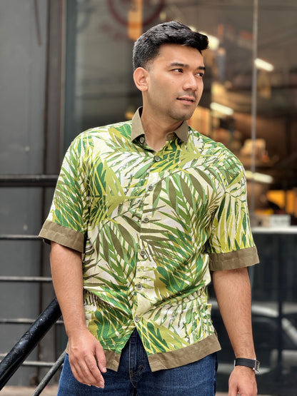 Pickle color printed olive contrast Drop-shoulder half sleeve