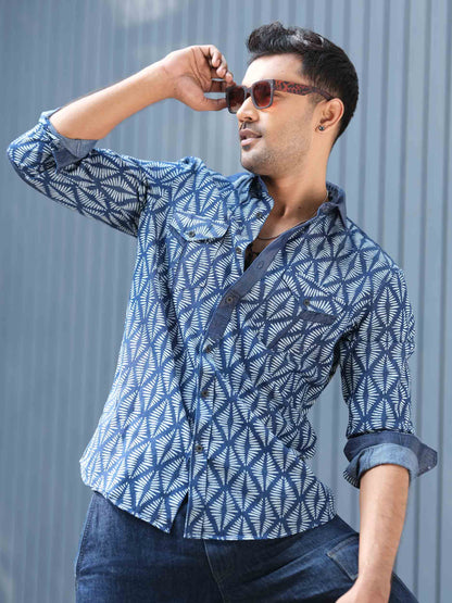 Blue printed collar and pocket contrast denim full sleeve shirt