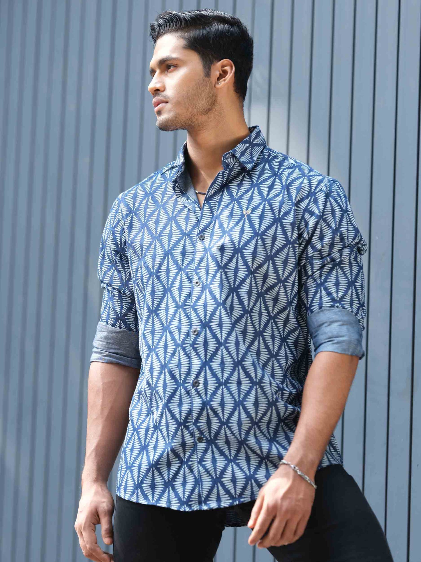 Blue printed denim full sleeve shirt