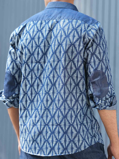 Blue printed collar and pocket contrast denim full sleeve shirt