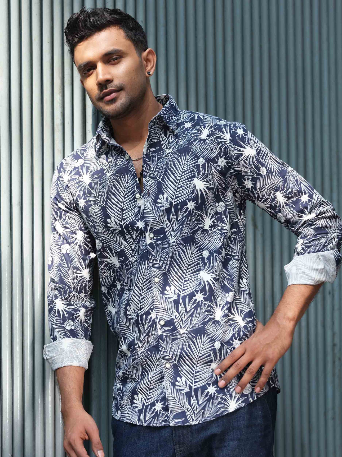 Blue Leaf printed cotton denim full sleeve shirt