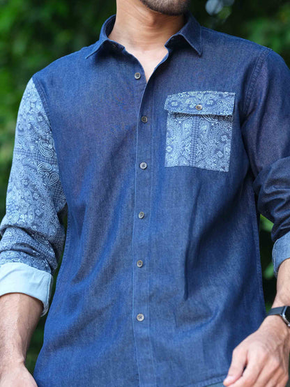 Blue pocket and hand contrast printed denim full sleeve shirt