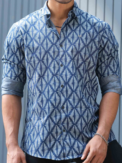 Blue printed denim full sleeve shirt