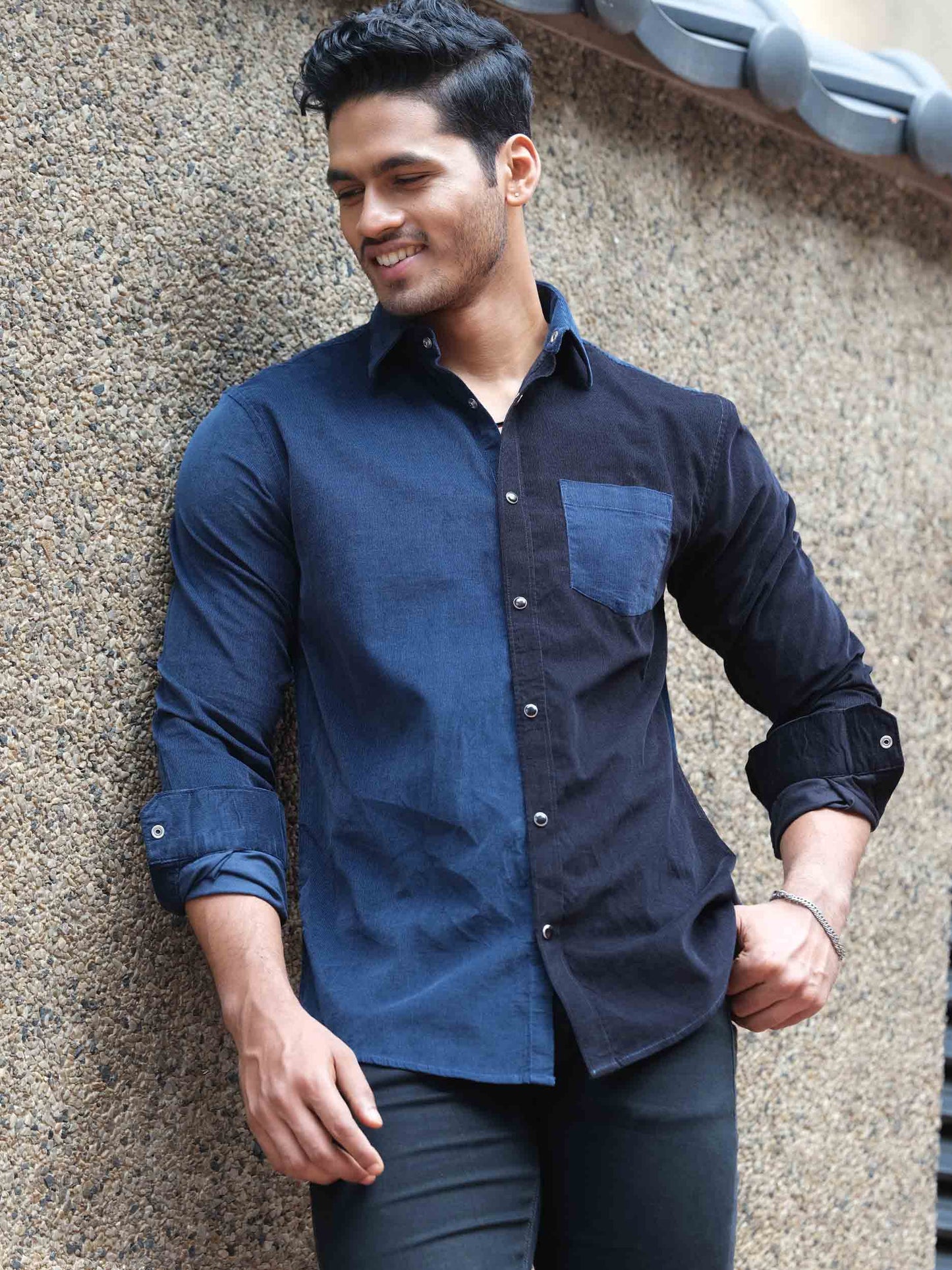 Pantone blue and dark black contrast corduroy shirt