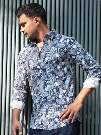 Blue Leaf printed cotton denim full sleeve shirt