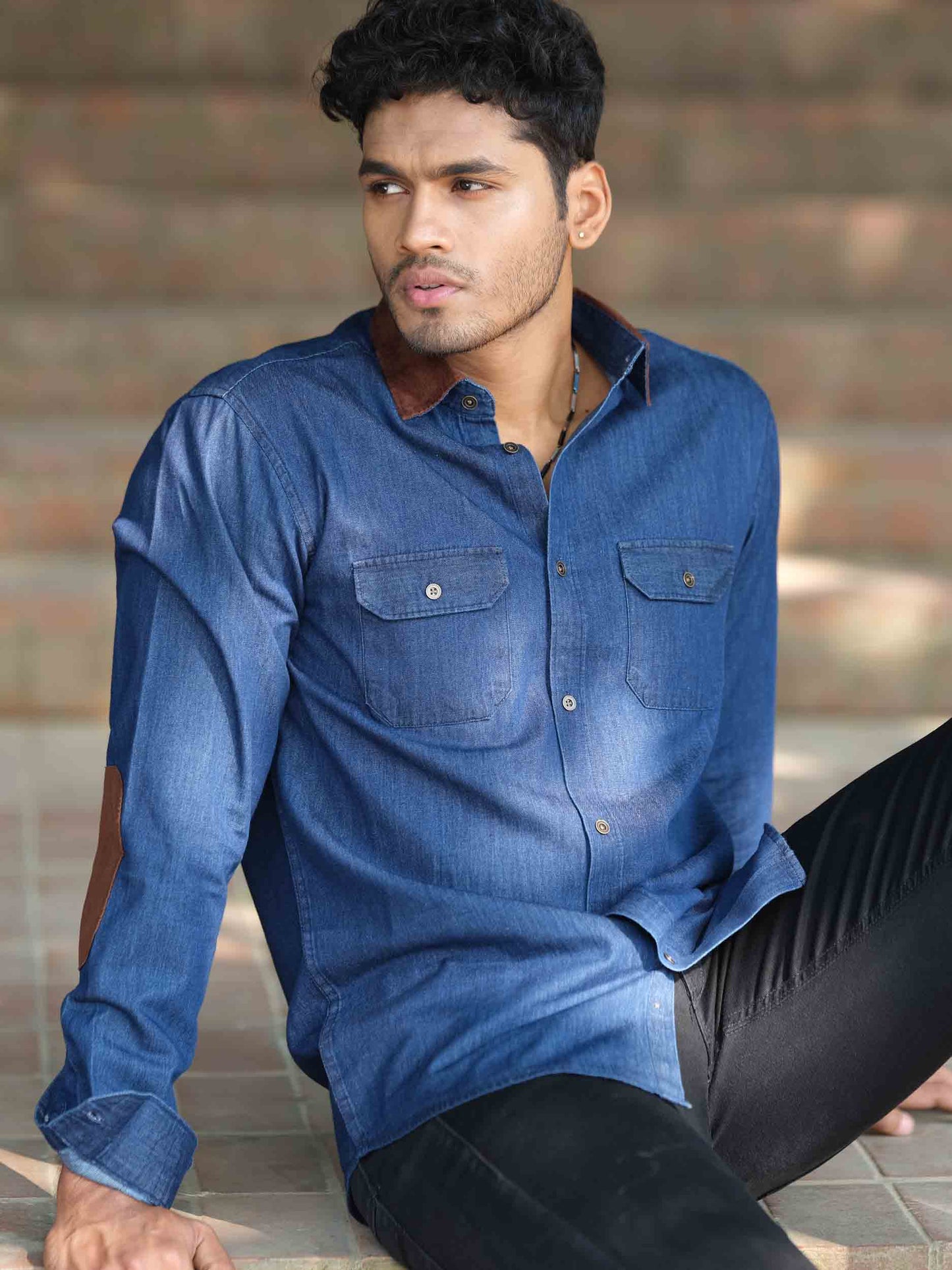 Blue collar and elbow contrast denim full sleeve shirt