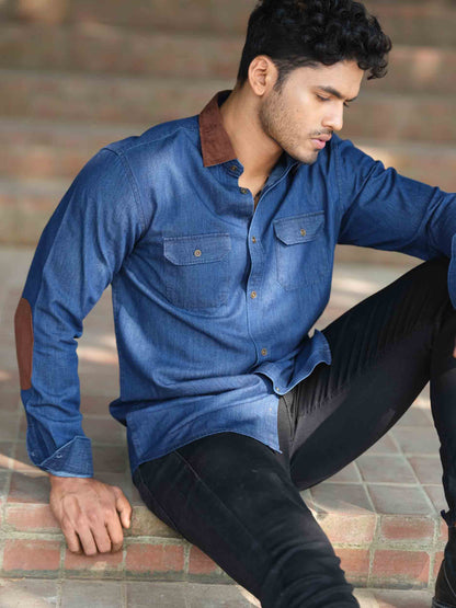 Blue collar and elbow contrast denim full sleeve shirt