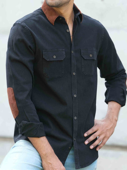 Black collar and elbow contrast denim full sleeve shirt