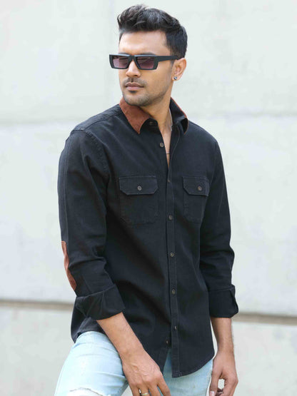 Black collar and elbow contrast denim full sleeve shirt